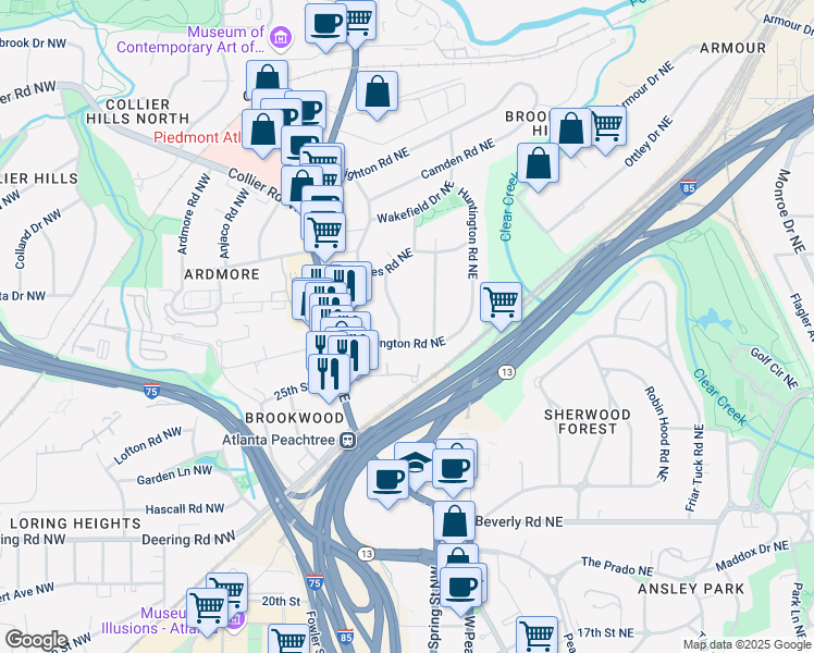 map of restaurants, bars, coffee shops, grocery stores, and more near 15 Northwood Avenue Northeast in Atlanta