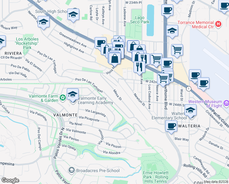 map of restaurants, bars, coffee shops, grocery stores, and more near 4202 Mesa Street in Torrance