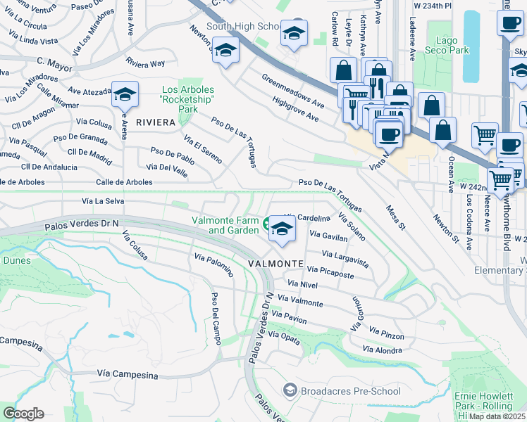 map of restaurants, bars, coffee shops, grocery stores, and more near 121 Vía Ardilla in Palos Verdes Estates