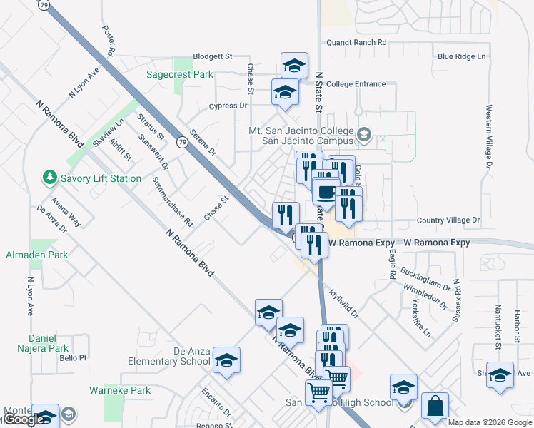 map of restaurants, bars, coffee shops, grocery stores, and more near 906 Acorn Drive in San Jacinto