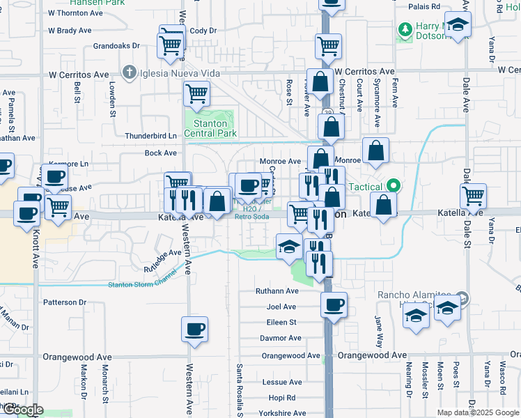 map of restaurants, bars, coffee shops, grocery stores, and more near 1 Serena Way in Stanton