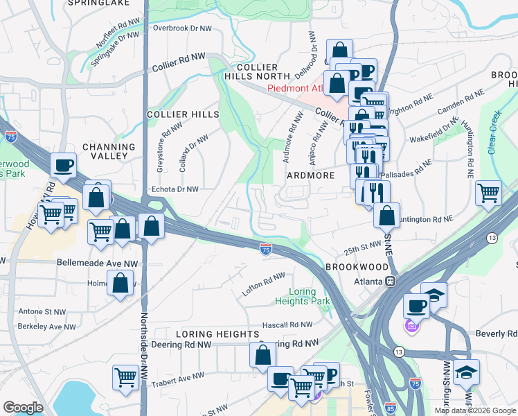 map of restaurants, bars, coffee shops, grocery stores, and more near 262 Semel Circle Northwest in Atlanta