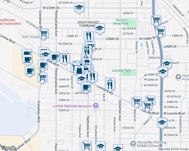 map of restaurants, bars, coffee shops, grocery stores, and more near 2103 245th Street in Lomita