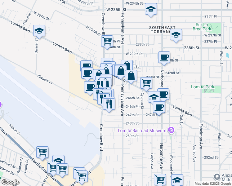 map of restaurants, bars, coffee shops, grocery stores, and more near 24369 Pennsylvania Avenue in Lomita