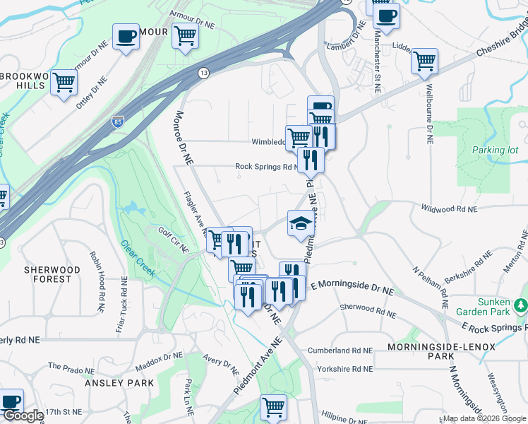 map of restaurants, bars, coffee shops, grocery stores, and more near 1783 Piedmont Way Northeast in Atlanta
