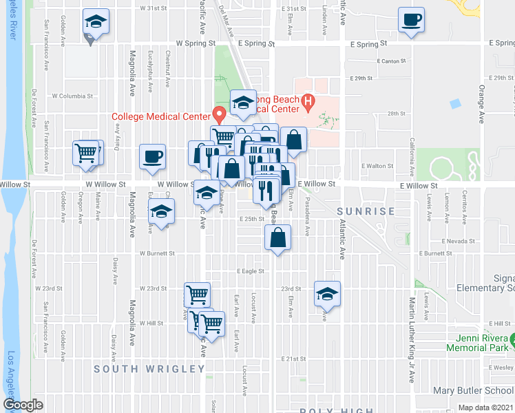 map of restaurants, bars, coffee shops, grocery stores, and more near 220 East 25th Street in Long Beach