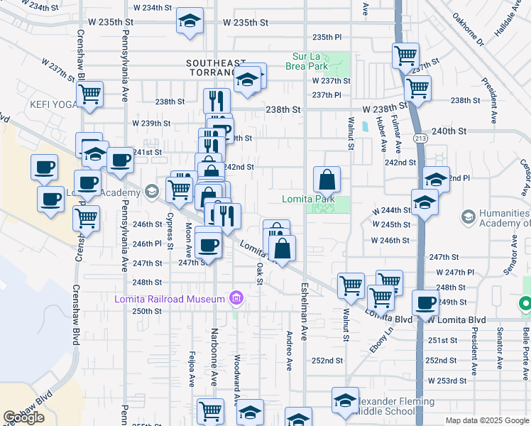 map of restaurants, bars, coffee shops, grocery stores, and more near 24518 Cadiz Drive in Lomita