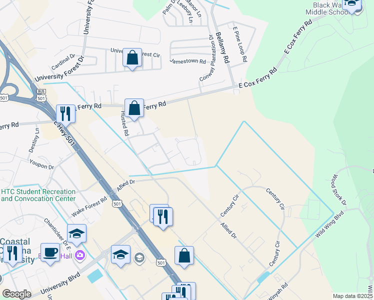 map of restaurants, bars, coffee shops, grocery stores, and more near 300 Bellamy Avenue in Conway