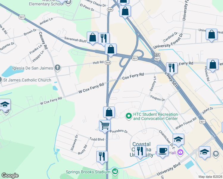 map of restaurants, bars, coffee shops, grocery stores, and more near 578 Corporal Dennis Lyden Memorial Highway in Conway