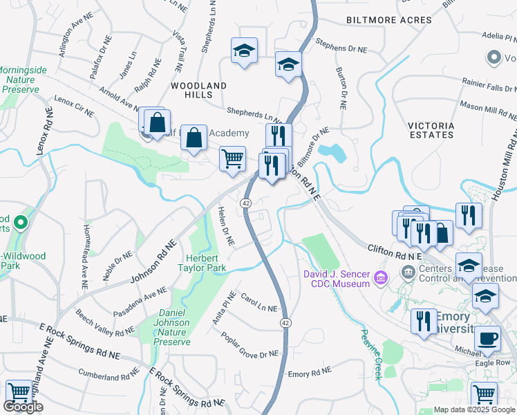 map of restaurants, bars, coffee shops, grocery stores, and more near 1659 Georgia 42 in Atlanta