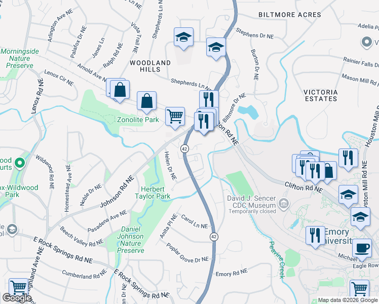 map of restaurants, bars, coffee shops, grocery stores, and more near 1659 Georgia 42 in Atlanta