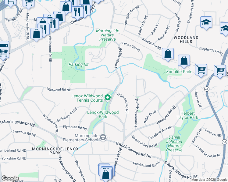 map of restaurants, bars, coffee shops, grocery stores, and more near 1790 Lenox Road Northeast in Atlanta