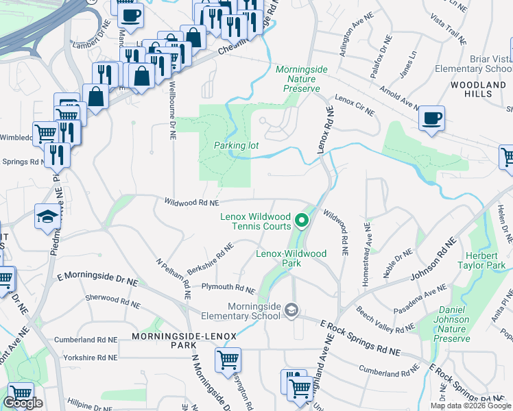 map of restaurants, bars, coffee shops, grocery stores, and more near 973 Wildwood Road Northeast in Atlanta