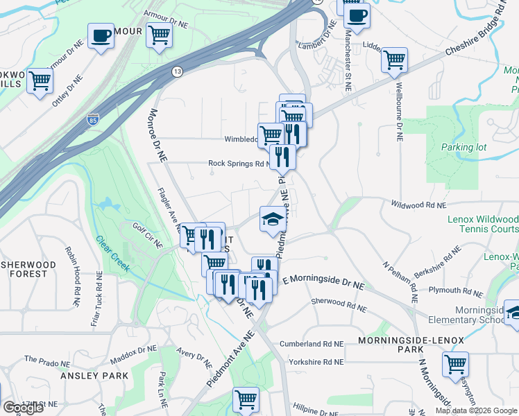 map of restaurants, bars, coffee shops, grocery stores, and more near 611 Montgomery Ferry Drive Northeast in Atlanta