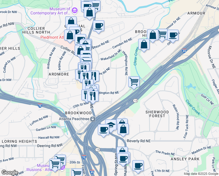 map of restaurants, bars, coffee shops, grocery stores, and more near 15 Northwood Avenue Northeast in Atlanta