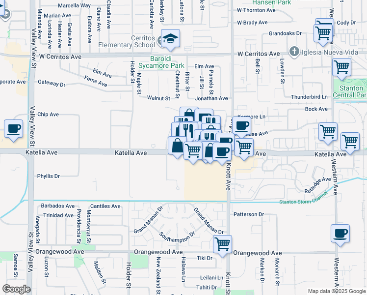 map of restaurants, bars, coffee shops, grocery stores, and more near 6660 Katella Avenue in Cypress