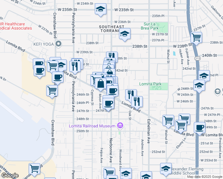 map of restaurants, bars, coffee shops, grocery stores, and more near Narbonne Ave & 245th St in Lomita