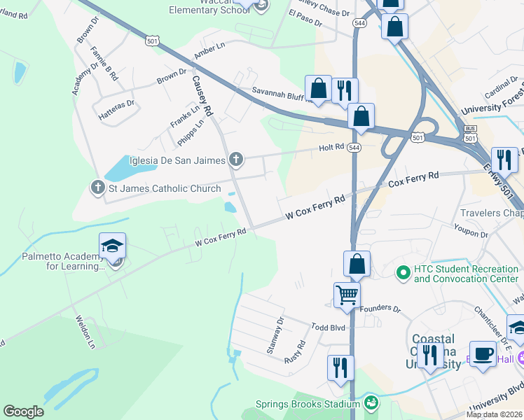 map of restaurants, bars, coffee shops, grocery stores, and more near 590 West Cox Ferry Road in Conway