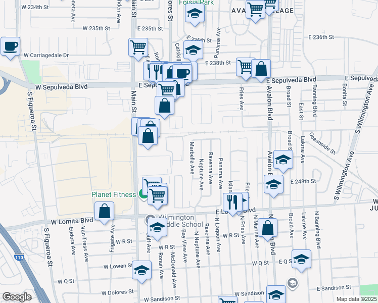 map of restaurants, bars, coffee shops, grocery stores, and more near 24522 Marbella Avenue in Carson