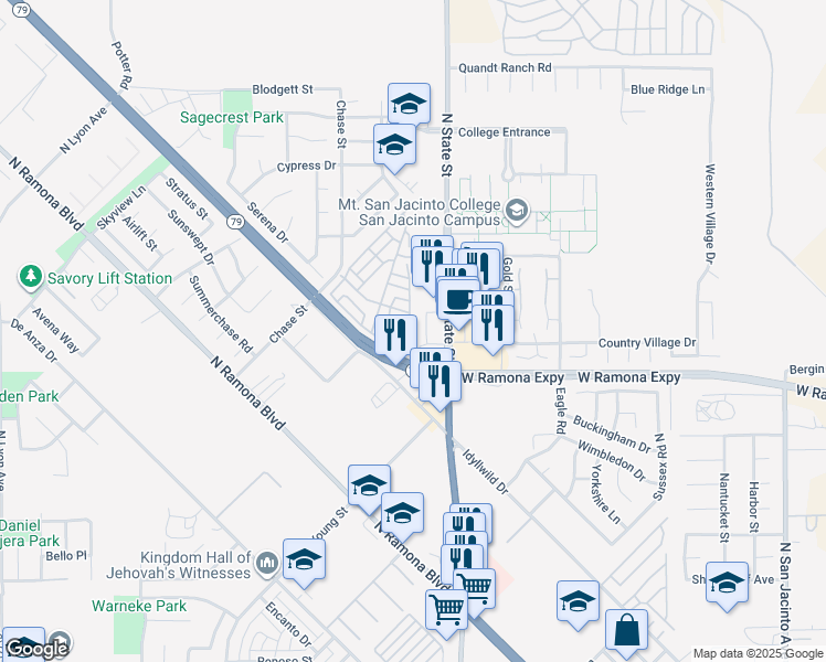 map of restaurants, bars, coffee shops, grocery stores, and more near 1239 Frontier Drive in San Jacinto