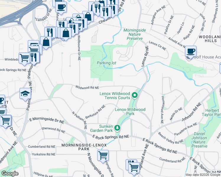 map of restaurants, bars, coffee shops, grocery stores, and more near 973 Wildwood Road Northeast in Atlanta