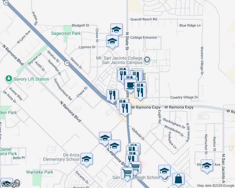 map of restaurants, bars, coffee shops, grocery stores, and more near 1180 North State Street in San Jacinto