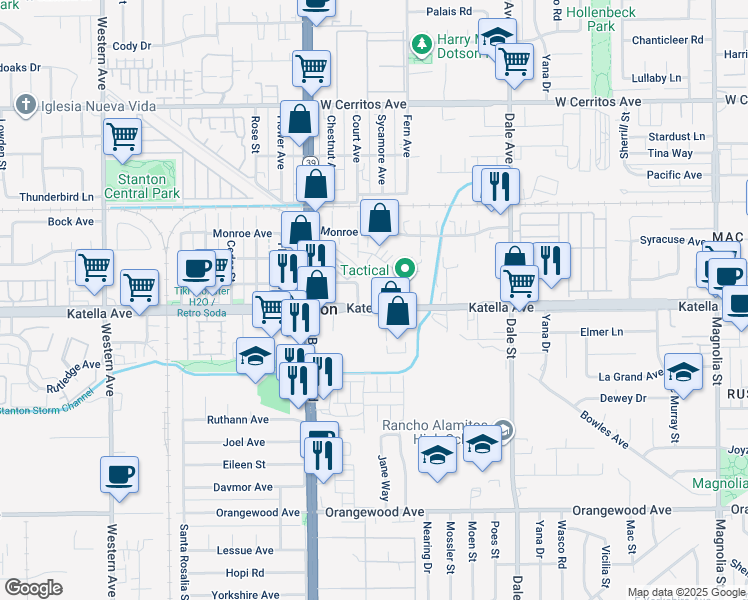 map of restaurants, bars, coffee shops, grocery stores, and more near 8141 Katella Avenue in Stanton
