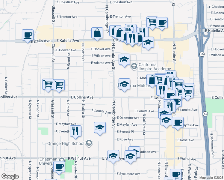 map of restaurants, bars, coffee shops, grocery stores, and more near 944 North Cambridge Street in Orange