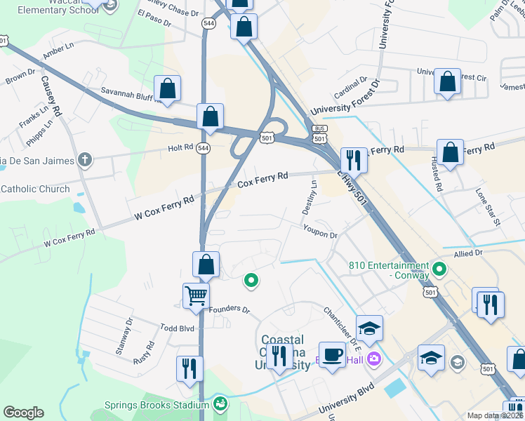 map of restaurants, bars, coffee shops, grocery stores, and more near 1812 Juniper Drive in Conway