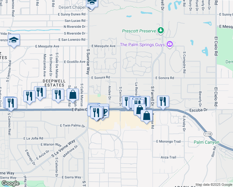 map of restaurants, bars, coffee shops, grocery stores, and more near 1651 South Cerritos Drive in Palm Springs
