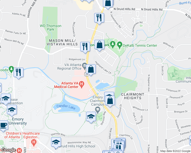 map of restaurants, bars, coffee shops, grocery stores, and more near 10 Highland Lake Circle in Decatur