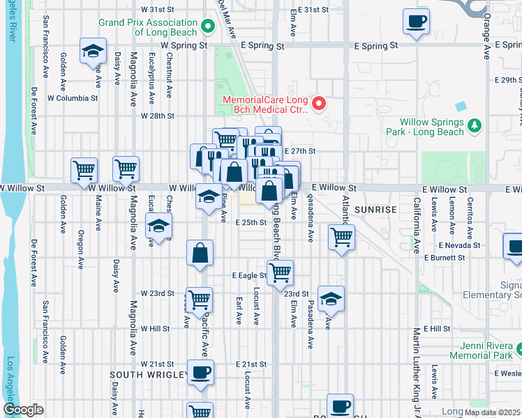 map of restaurants, bars, coffee shops, grocery stores, and more near 258 East Vernon Street in Long Beach