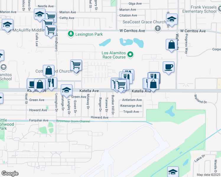 map of restaurants, bars, coffee shops, grocery stores, and more near 4931 Katella Avenue in Los Alamitos
