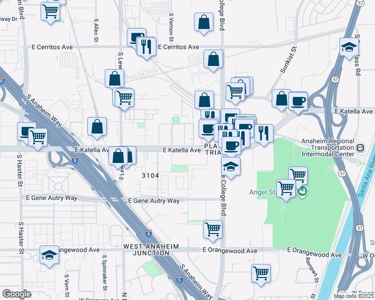 map of restaurants, bars, coffee shops, grocery stores, and more near 1554 East Katella Avenue in Anaheim