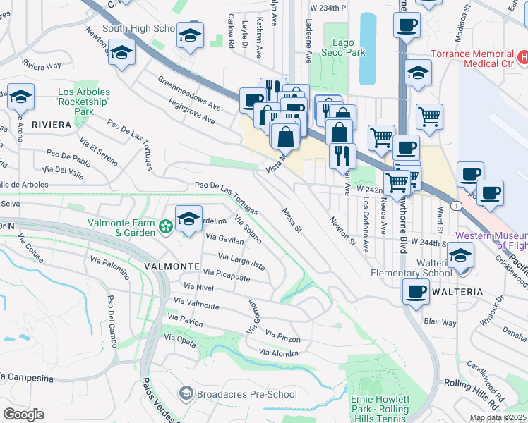 map of restaurants, bars, coffee shops, grocery stores, and more near 4221 Paseo De Las Tortugas in Torrance