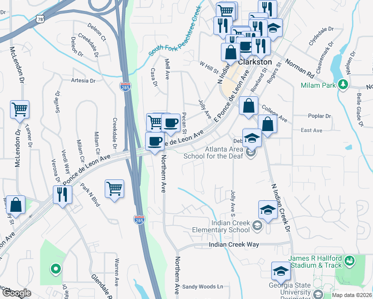 map of restaurants, bars, coffee shops, grocery stores, and more near 3948 East Ponce de Leon Avenue in Clarkston