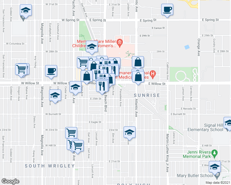map of restaurants, bars, coffee shops, grocery stores, and more near 2538 Elm Avenue in Long Beach