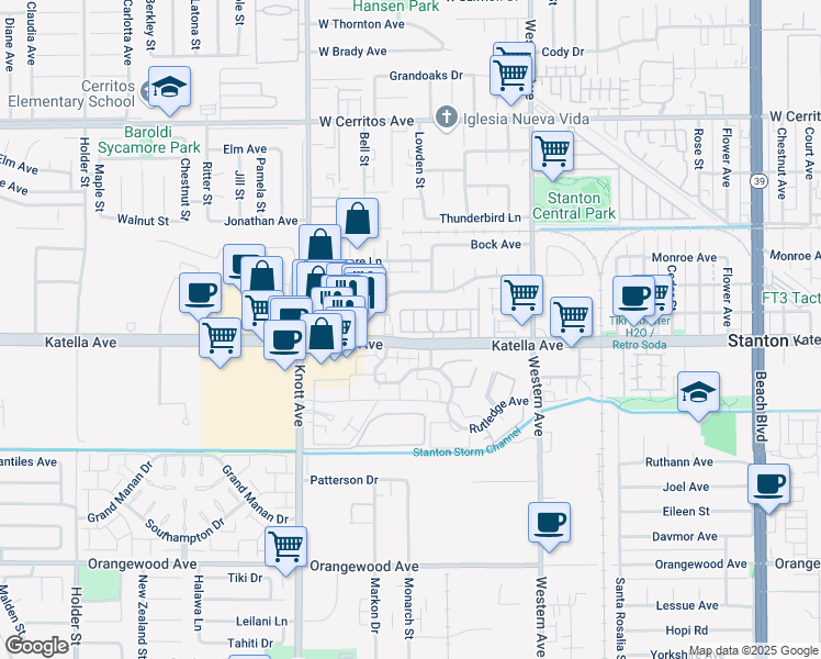 map of restaurants, bars, coffee shops, grocery stores, and more near 7230 Syracuse Avenue in Stanton