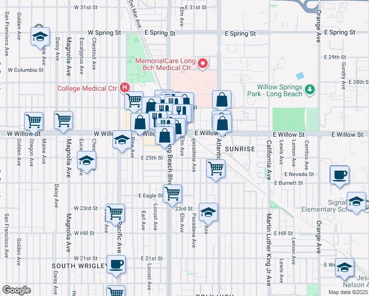 map of restaurants, bars, coffee shops, grocery stores, and more near 2538 Elm Avenue in Long Beach