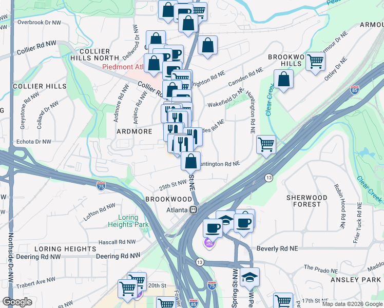 map of restaurants, bars, coffee shops, grocery stores, and more near 1777 Peachtree Street Northeast in Atlanta