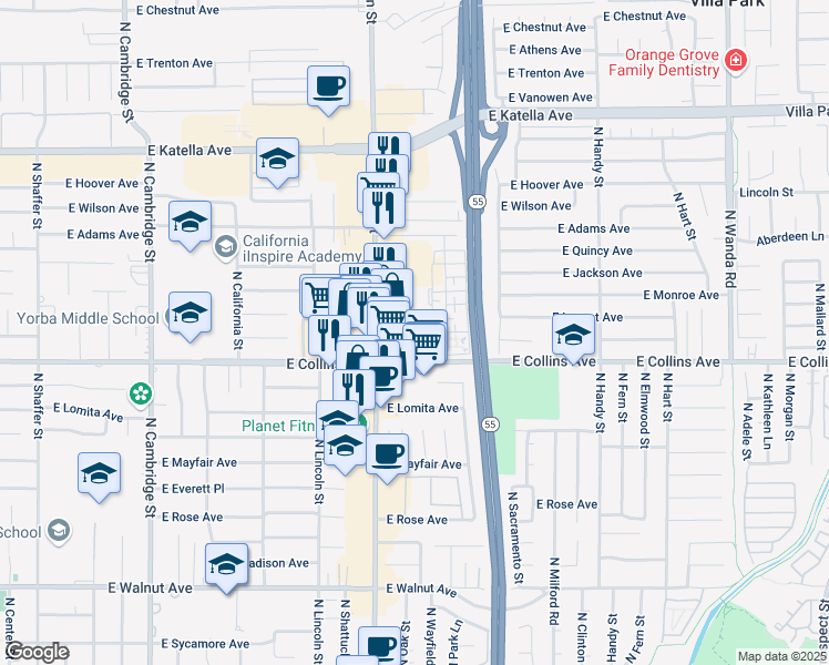 map of restaurants, bars, coffee shops, grocery stores, and more near 1801 East Collins Avenue in Orange