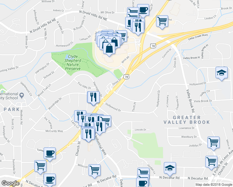 map of restaurants, bars, coffee shops, grocery stores, and more near 2758 Orion Drive in Decatur