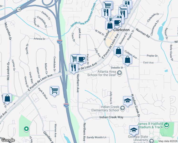 map of restaurants, bars, coffee shops, grocery stores, and more near 3948 East Ponce de Leon Avenue in Clarkston