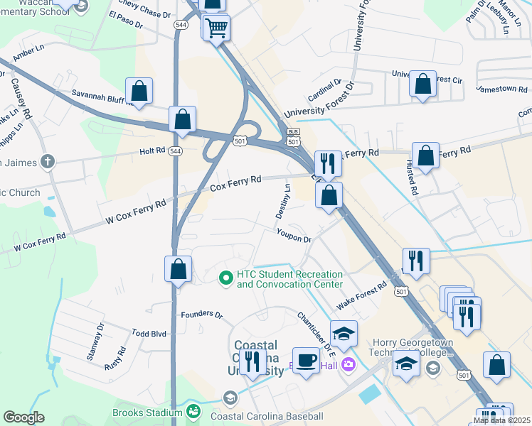 map of restaurants, bars, coffee shops, grocery stores, and more near 1729 Juniper Drive in Conway