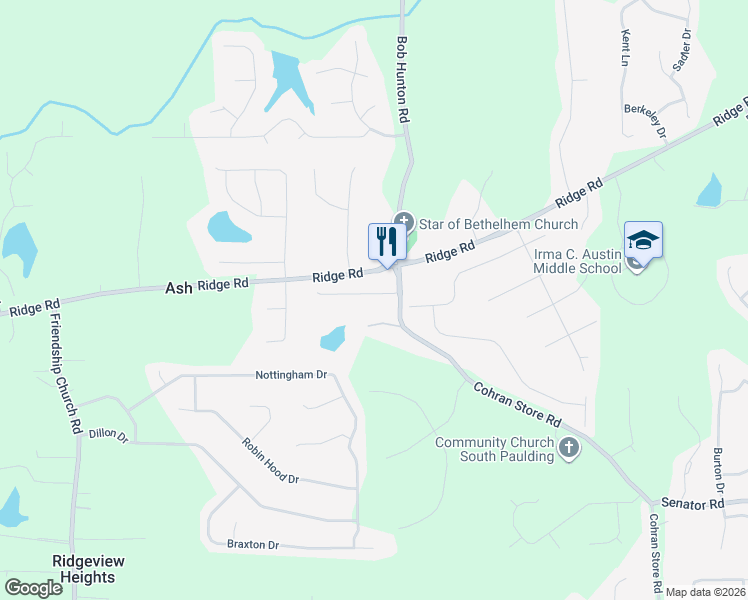 map of restaurants, bars, coffee shops, grocery stores, and more near 2874 Ridge Road in Douglasville