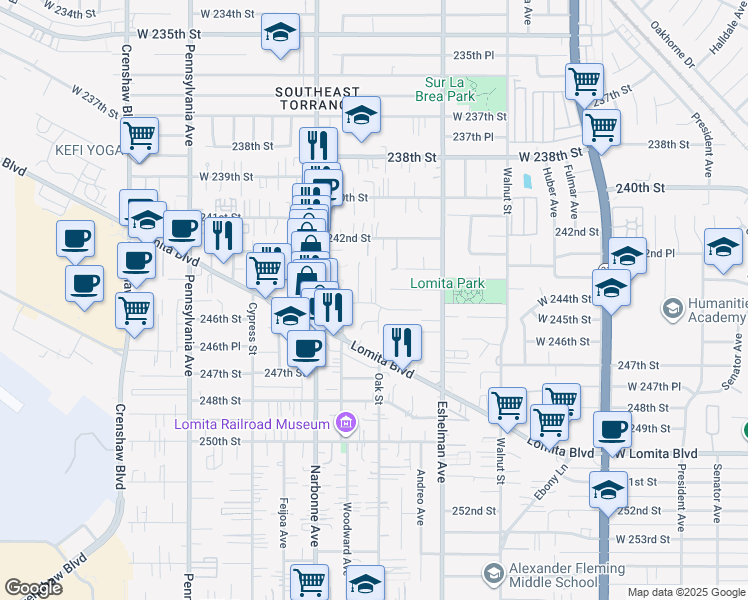 map of restaurants, bars, coffee shops, grocery stores, and more near 2103 245th Street in Lomita