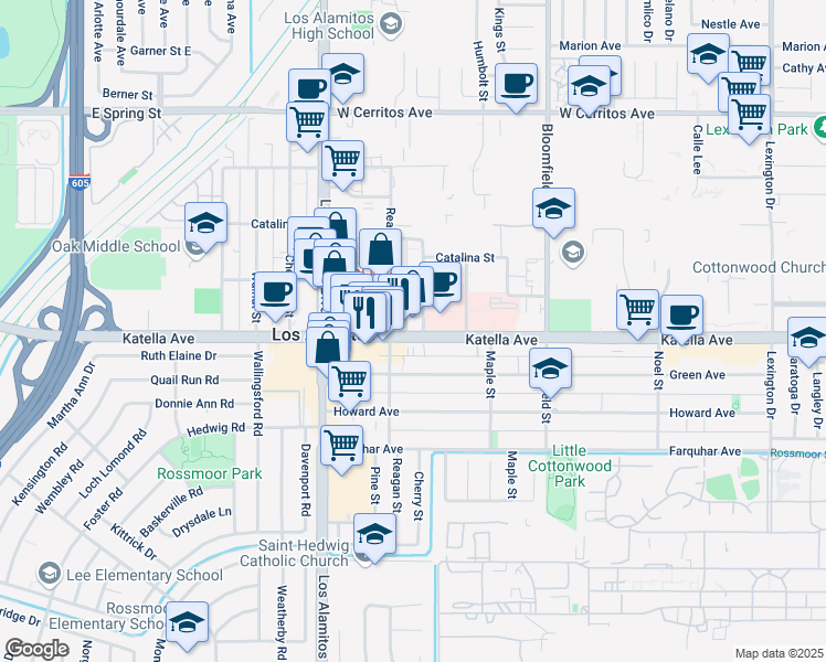 map of restaurants, bars, coffee shops, grocery stores, and more near 10911 Cherry Street in Los Alamitos