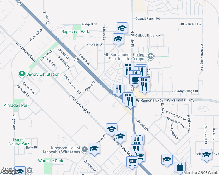 map of restaurants, bars, coffee shops, grocery stores, and more near 918 Acorn Drive in San Jacinto