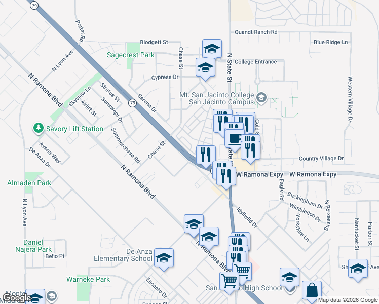 map of restaurants, bars, coffee shops, grocery stores, and more near 965 Acorn Drive in San Jacinto