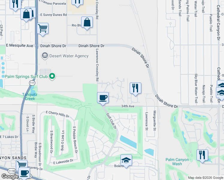 map of restaurants, bars, coffee shops, grocery stores, and more near 5966 Fairway Circle in Palm Springs